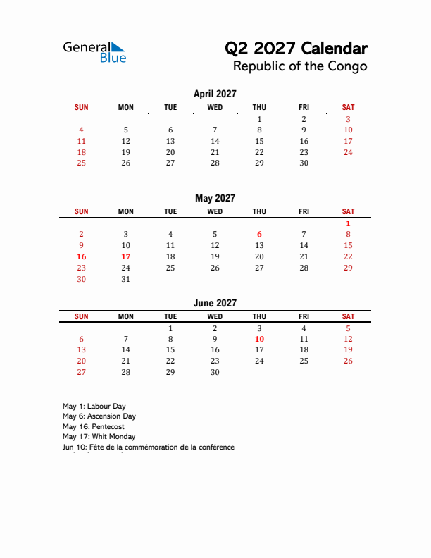 2027 Q2 Calendar with Holidays List for Republic of the Congo