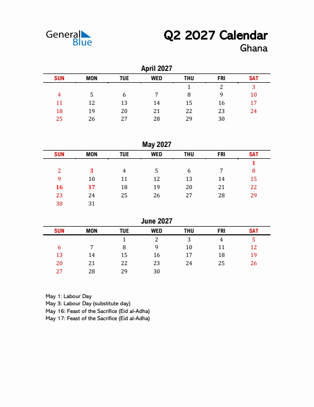 2027 Q2 Calendar with Holidays List for Ghana