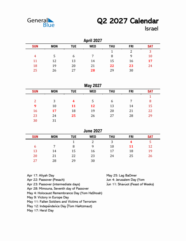 2027 Q2 Calendar with Holidays List for Israel