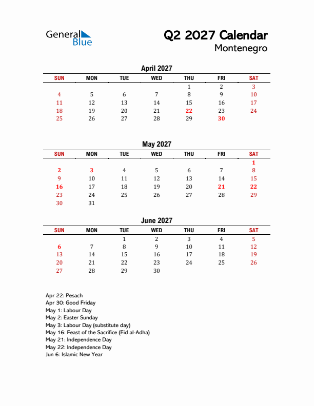 2027 Q2 Calendar with Holidays List for Montenegro