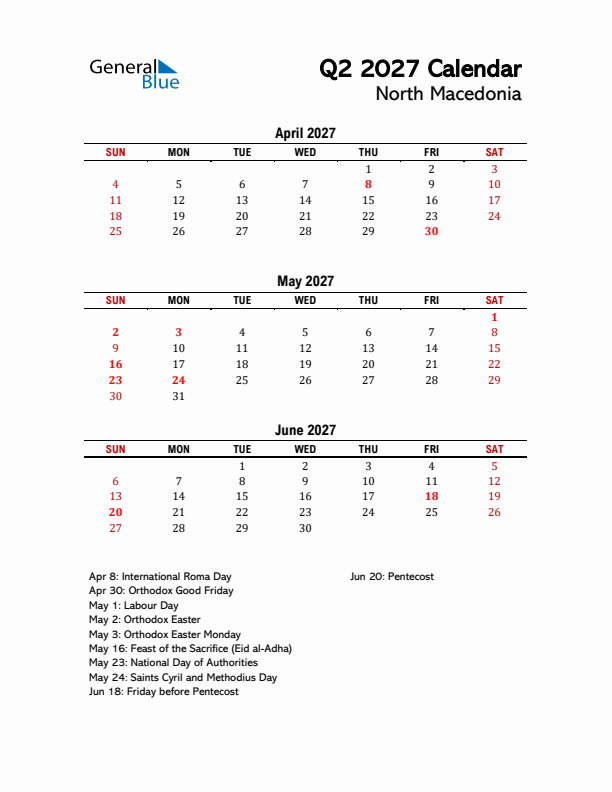 2027 Q2 Calendar with Holidays List for North Macedonia