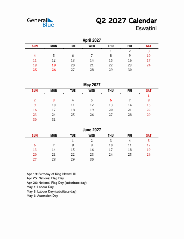 2027 Q2 Calendar with Holidays List for Eswatini