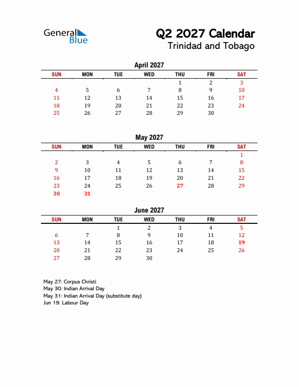 2027 Q2 Calendar with Holidays List for Trinidad and Tobago