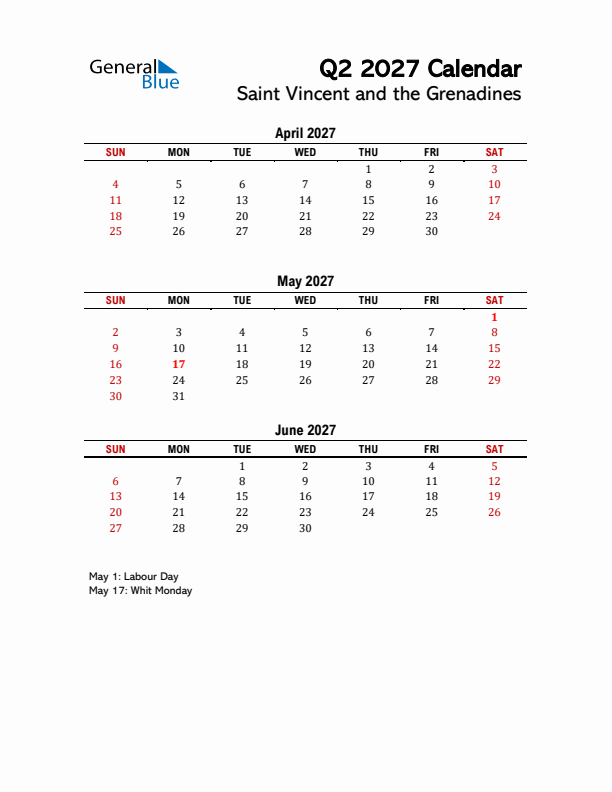 2027 Q2 Calendar with Holidays List for Saint Vincent and the Grenadines