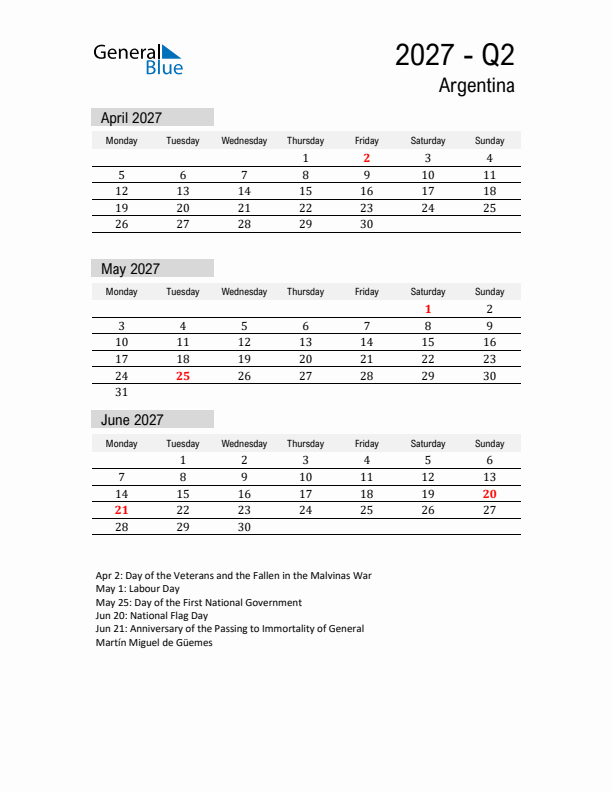 Argentina Quarter 2 2027 Calendar with Holidays