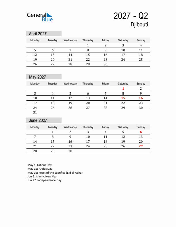 Djibouti Quarter 2 2027 Calendar with Holidays