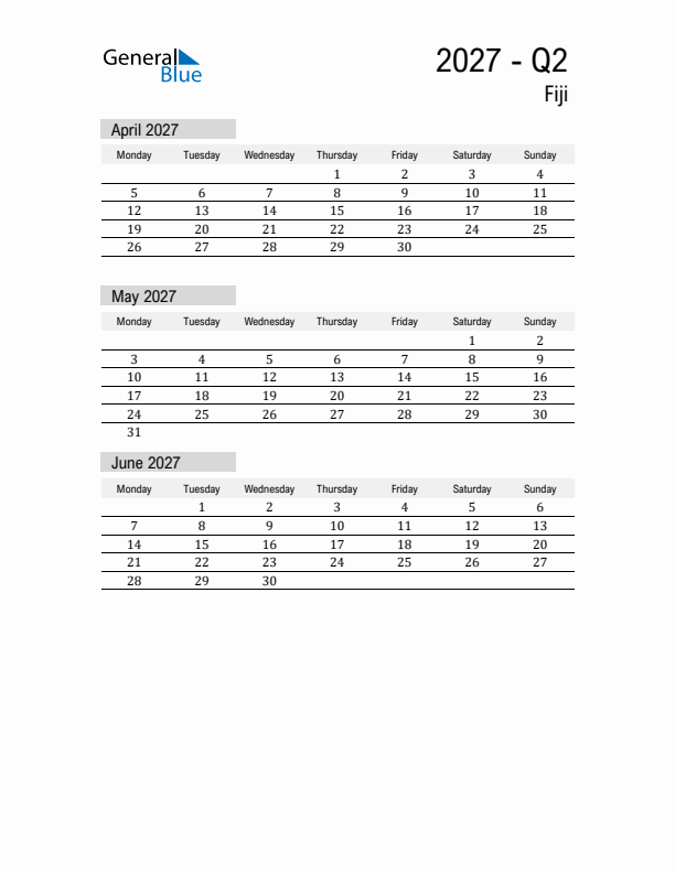 Fiji Quarter 2 2027 Calendar with Holidays