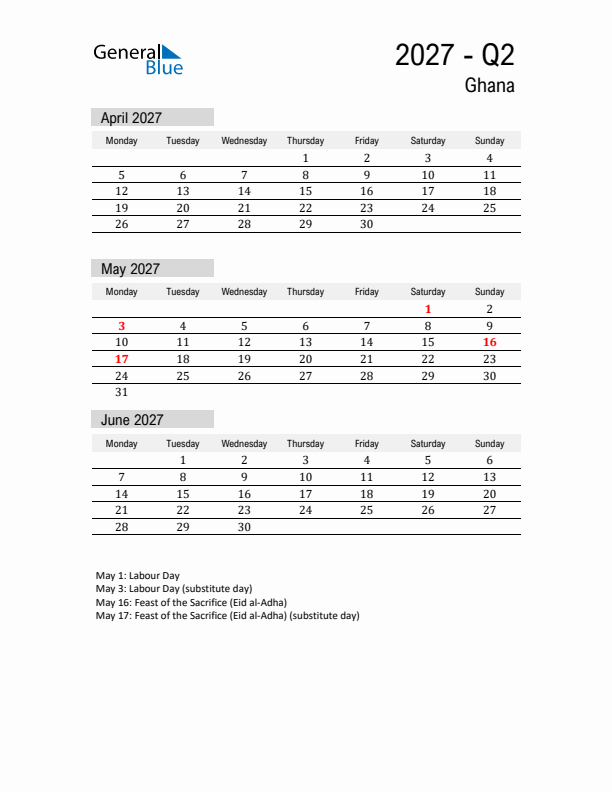 Ghana Quarter 2 2027 Calendar with Holidays