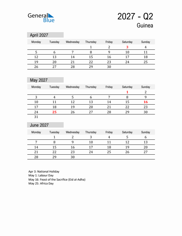 Guinea Quarter 2 2027 Calendar with Holidays