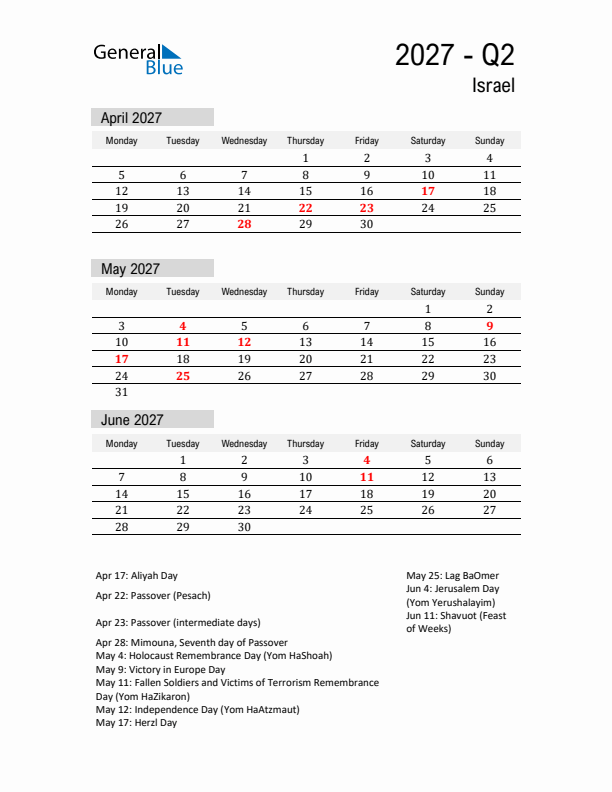 Israel Quarter 2 2027 Calendar with Holidays