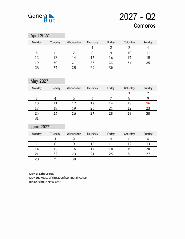 Comoros Quarter 2 2027 Calendar with Holidays