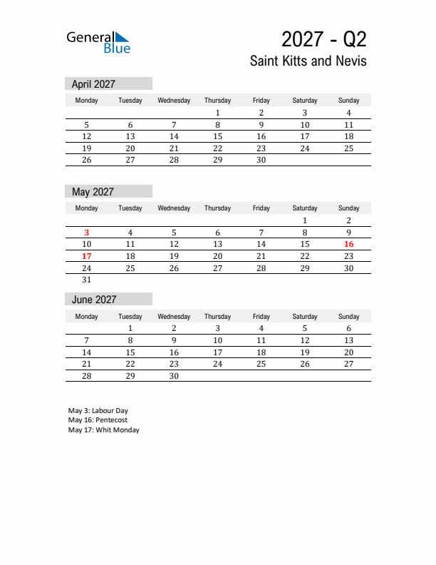 Saint Kitts and Nevis Quarter 2 2027 Calendar with Holidays