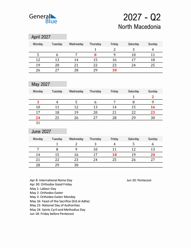 North Macedonia Quarter 2 2027 Calendar with Holidays