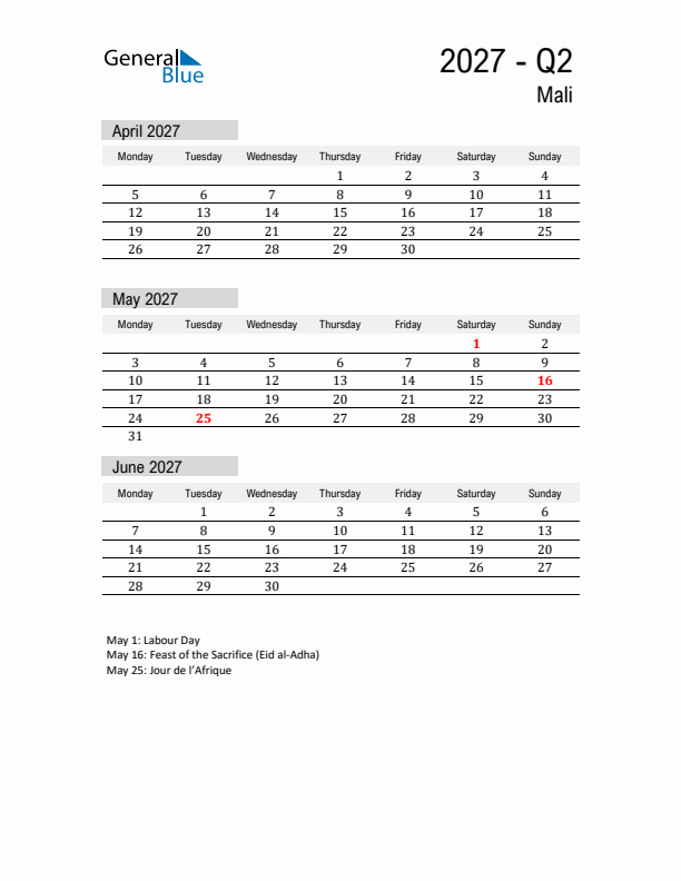 Mali Quarter 2 2027 Calendar with Holidays