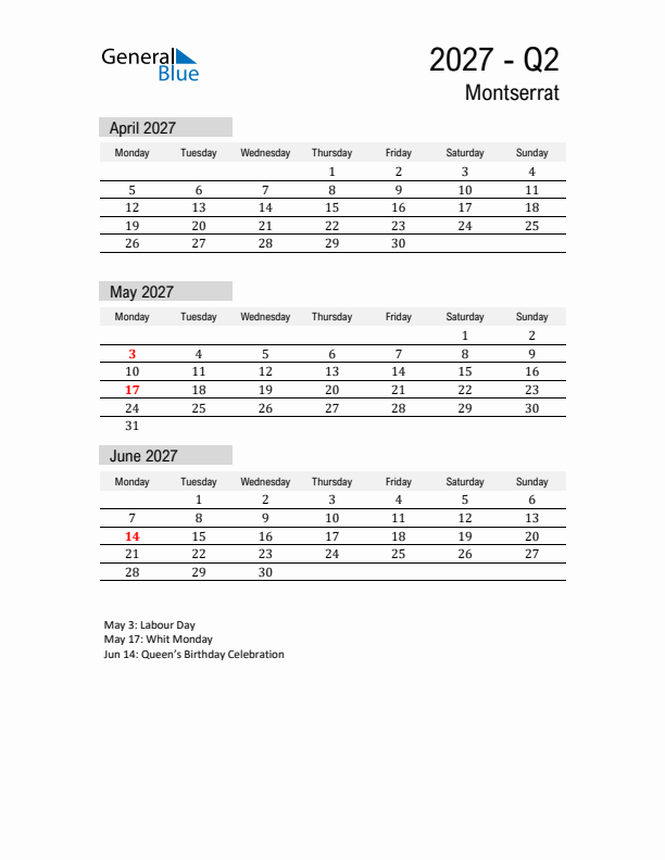 Montserrat Quarter 2 2027 Calendar with Holidays