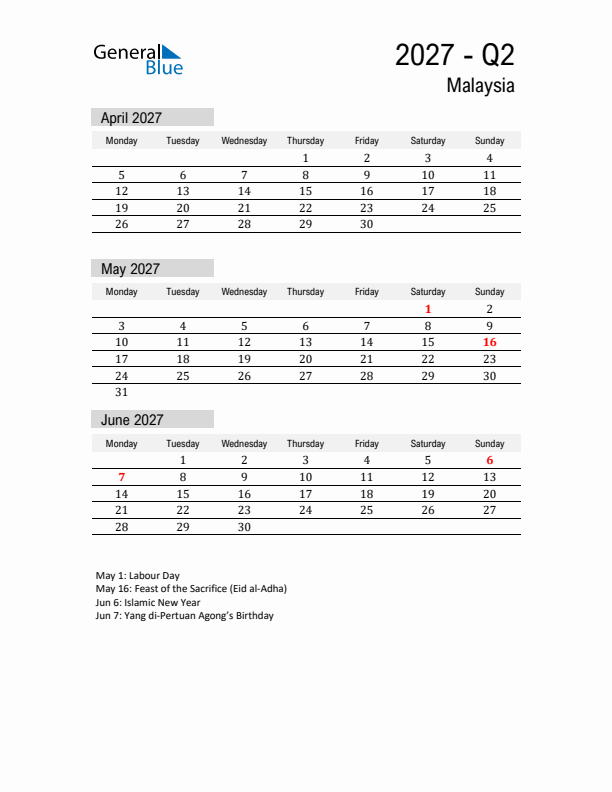 Malaysia Quarter 2 2027 Calendar with Holidays