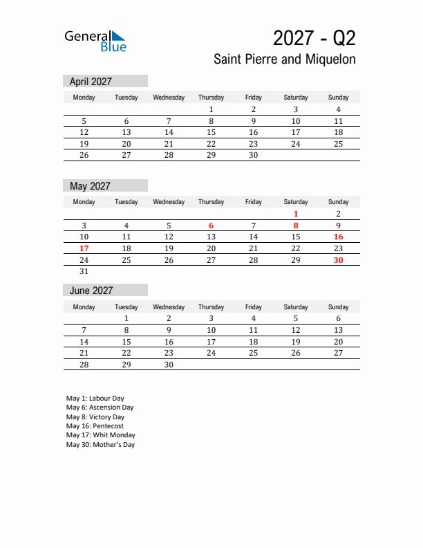Saint Pierre and Miquelon Quarter 2 2027 Calendar with Holidays