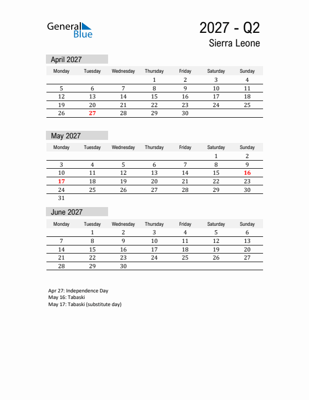 Sierra Leone Quarter 2 2027 Calendar with Holidays