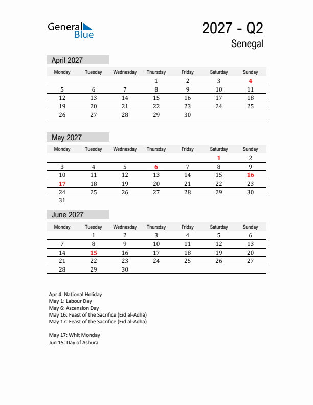 Senegal Quarter 2 2027 Calendar with Holidays