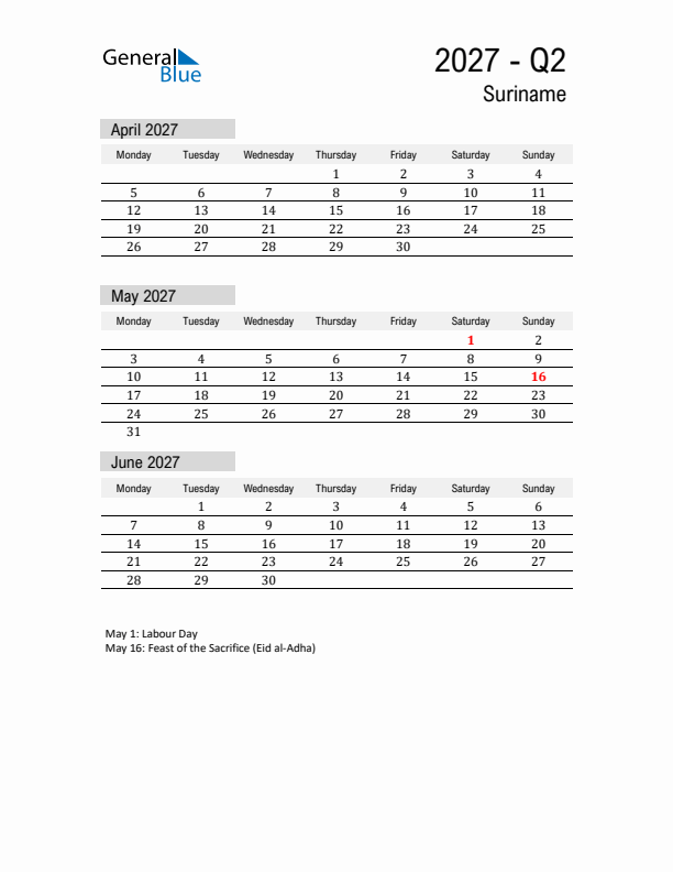 Suriname Quarter 2 2027 Calendar with Holidays