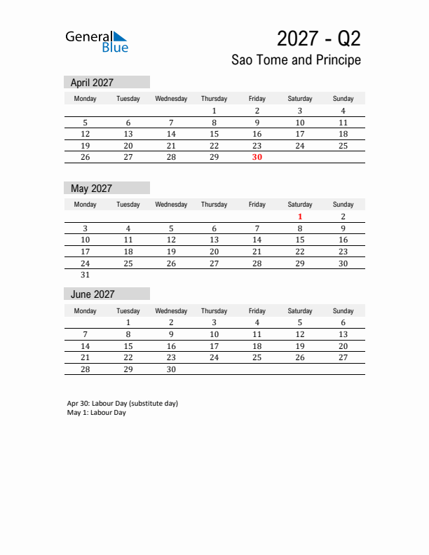 Sao Tome and Principe Quarter 2 2027 Calendar with Holidays