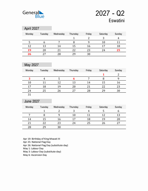Eswatini Quarter 2 2027 Calendar with Holidays
