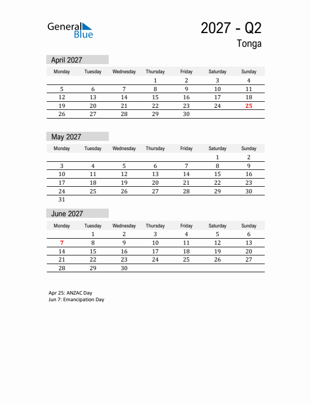 Tonga Quarter 2 2027 Calendar with Holidays