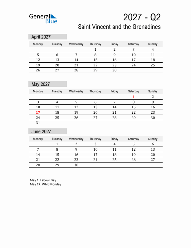 Saint Vincent and the Grenadines Quarter 2 2027 Calendar with Holidays
