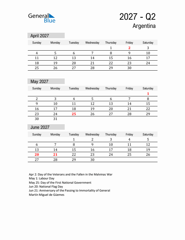 Argentina Quarter 2 2027 Calendar with Holidays