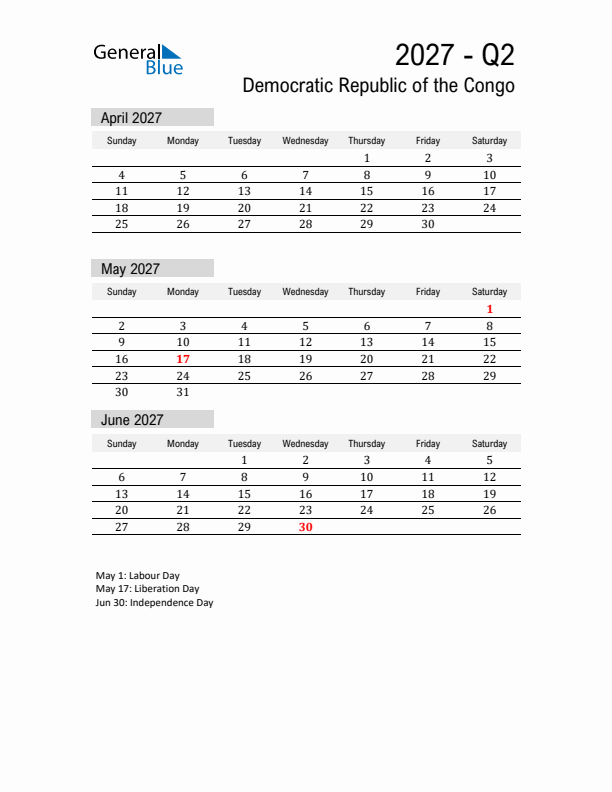 Democratic Republic of the Congo Quarter 2 2027 Calendar with Holidays