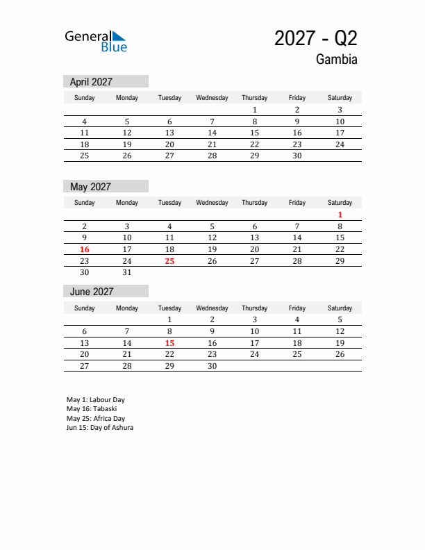 Gambia Quarter 2 2027 Calendar with Holidays