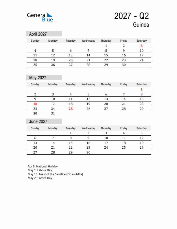 Guinea Quarter 2 2027 Calendar with Holidays