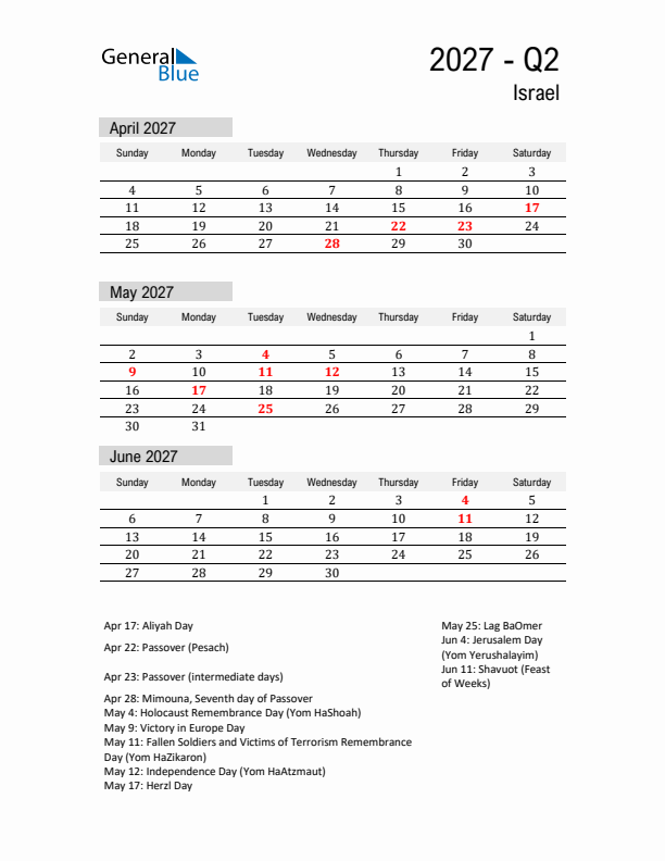 Israel Quarter 2 2027 Calendar with Holidays