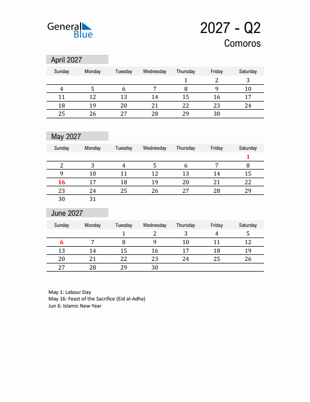 Comoros Quarter 2 2027 Calendar with Holidays