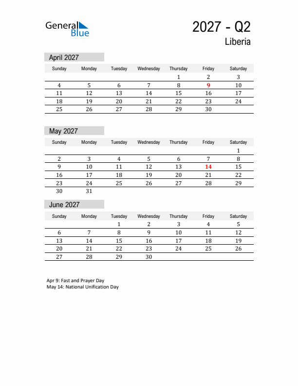 Liberia Quarter 2 2027 Calendar with Holidays