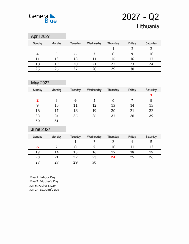 Lithuania Quarter 2 2027 Calendar with Holidays