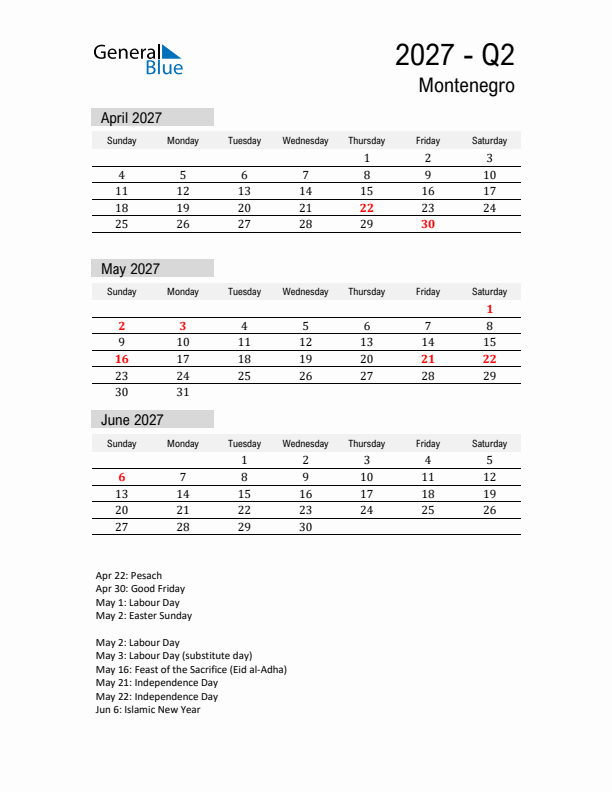 Montenegro Quarter 2 2027 Calendar with Holidays