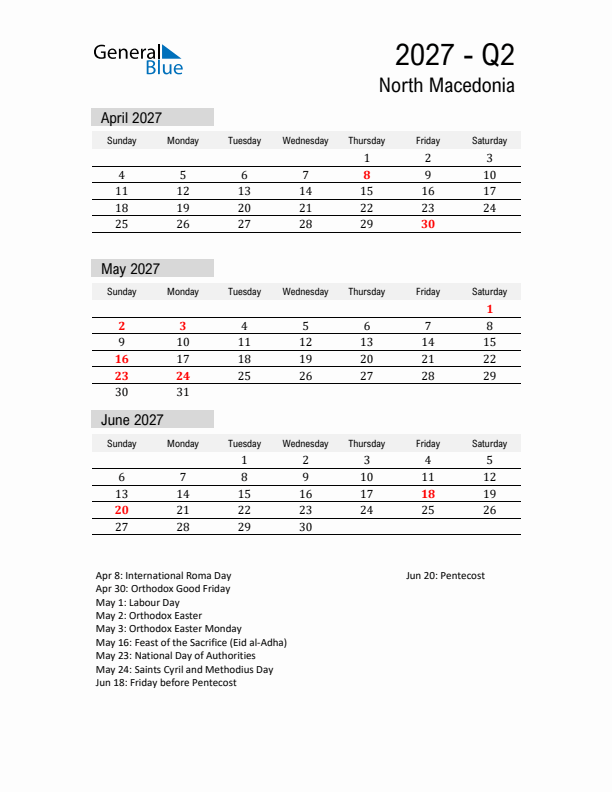 North Macedonia Quarter 2 2027 Calendar with Holidays