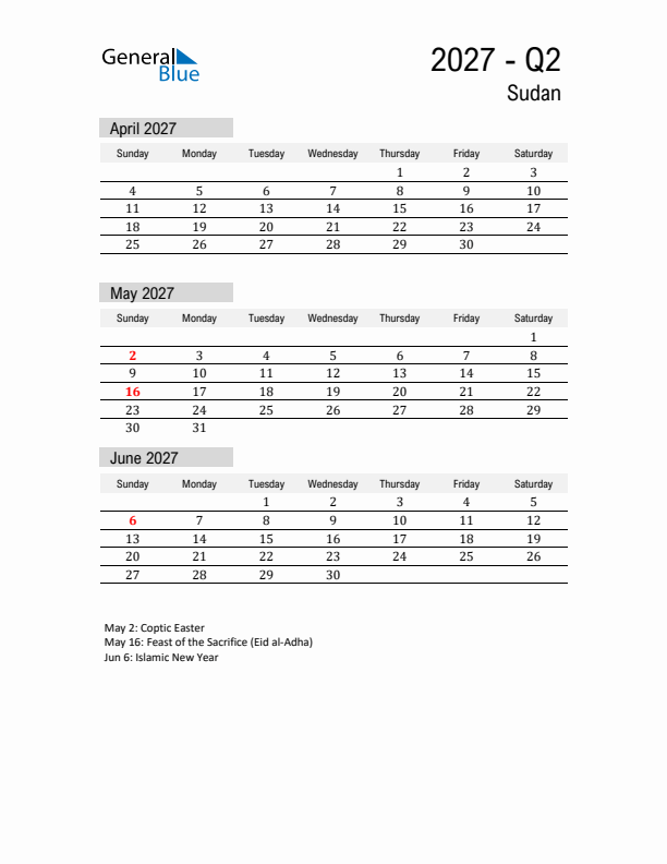 Sudan Quarter 2 2027 Calendar with Holidays