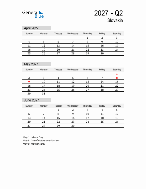 Slovakia Quarter 2 2027 Calendar with Holidays