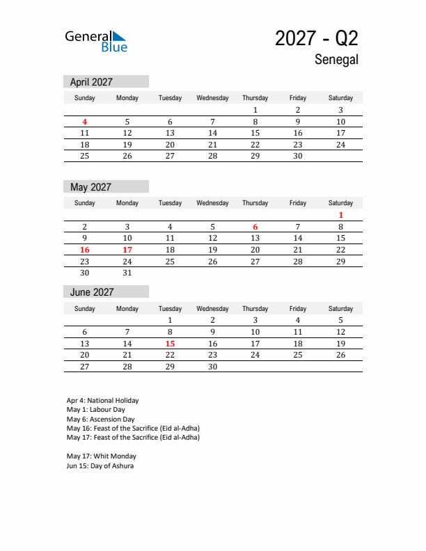 Senegal Quarter 2 2027 Calendar with Holidays