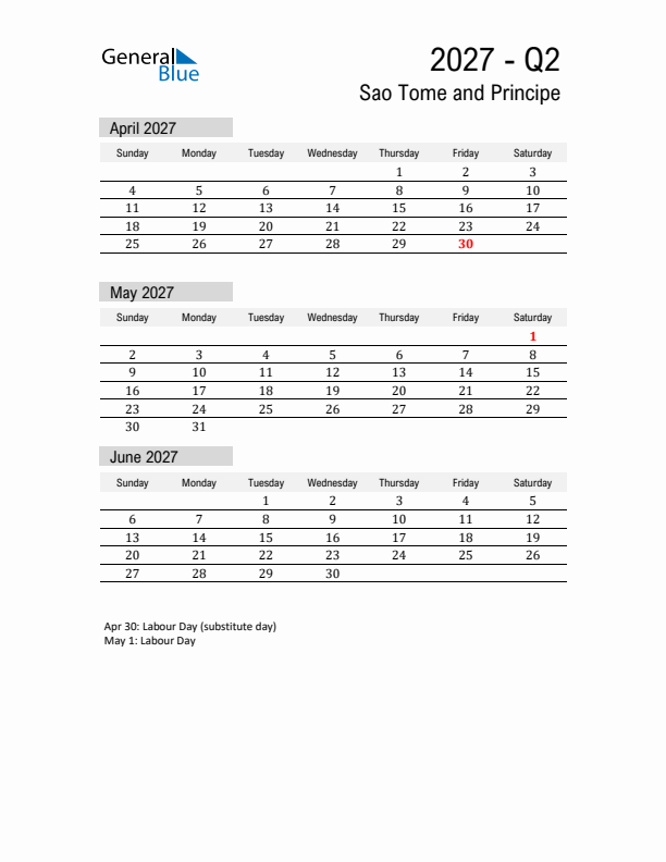 Sao Tome and Principe Quarter 2 2027 Calendar with Holidays