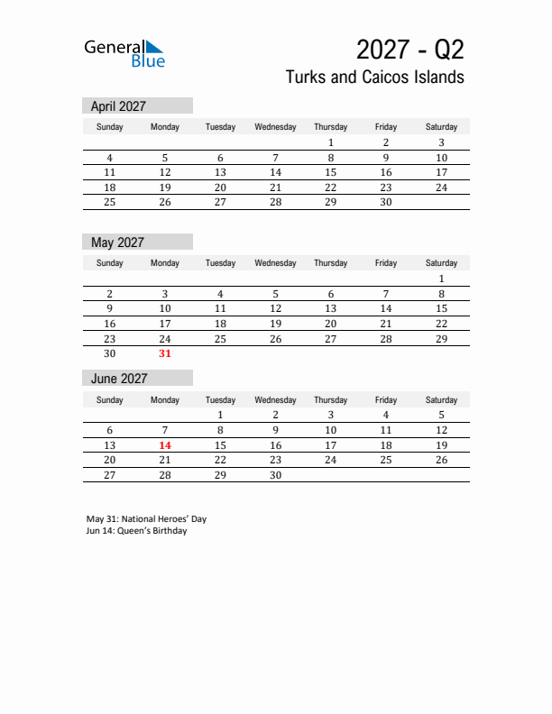 Turks and Caicos Islands Quarter 2 2027 Calendar with Holidays