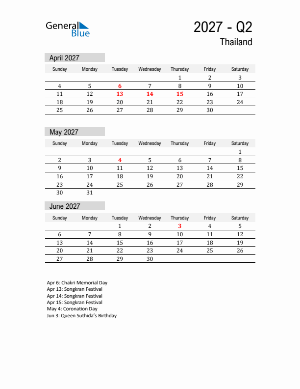 Thailand Quarter 2 2027 Calendar with Holidays