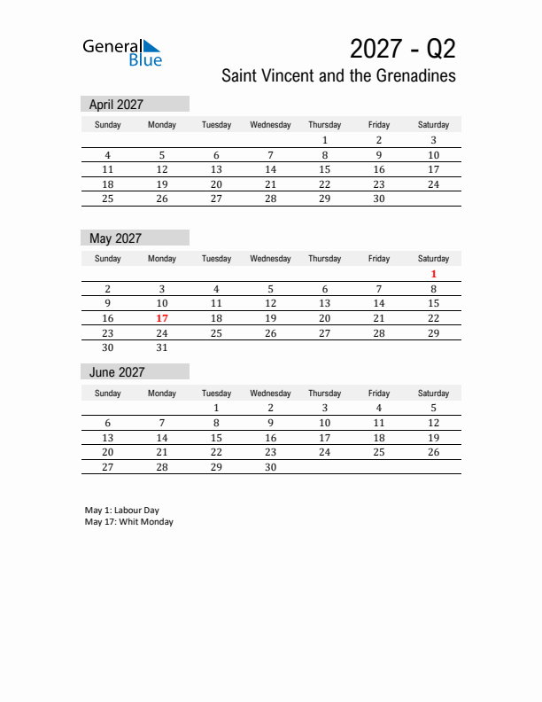 Saint Vincent and the Grenadines Quarter 2 2027 Calendar with Holidays