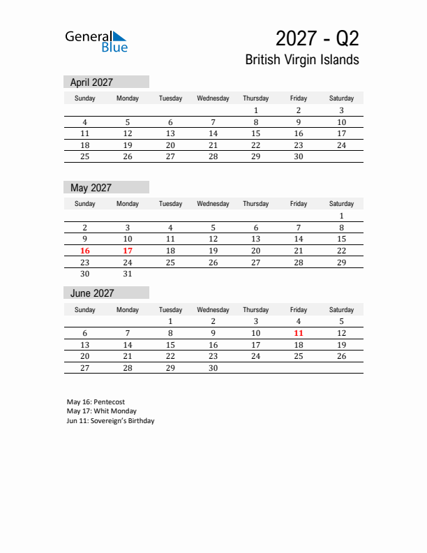 British Virgin Islands Quarter 2 2027 Calendar with Holidays
