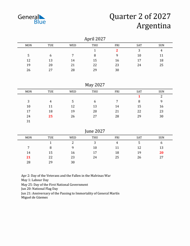 Quarter 2 2027 Argentina Quarterly Calendar