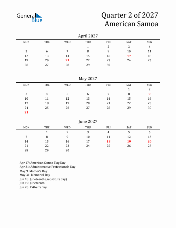 Quarter 2 2027 American Samoa Quarterly Calendar