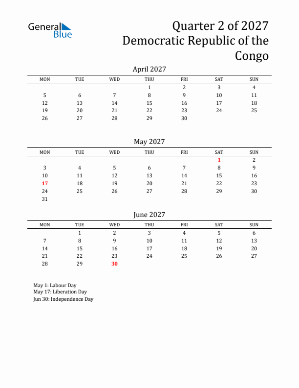 Quarter 2 2027 Democratic Republic of the Congo Quarterly Calendar