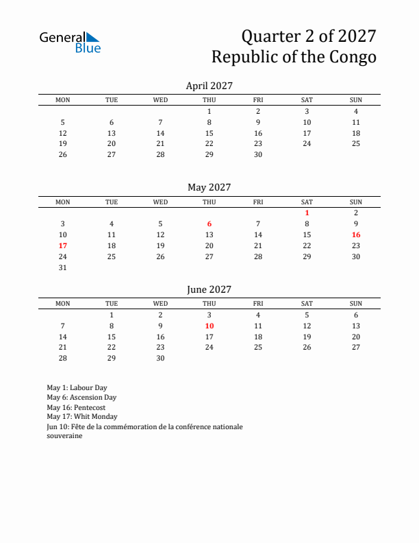 Quarter 2 2027 Republic of the Congo Quarterly Calendar